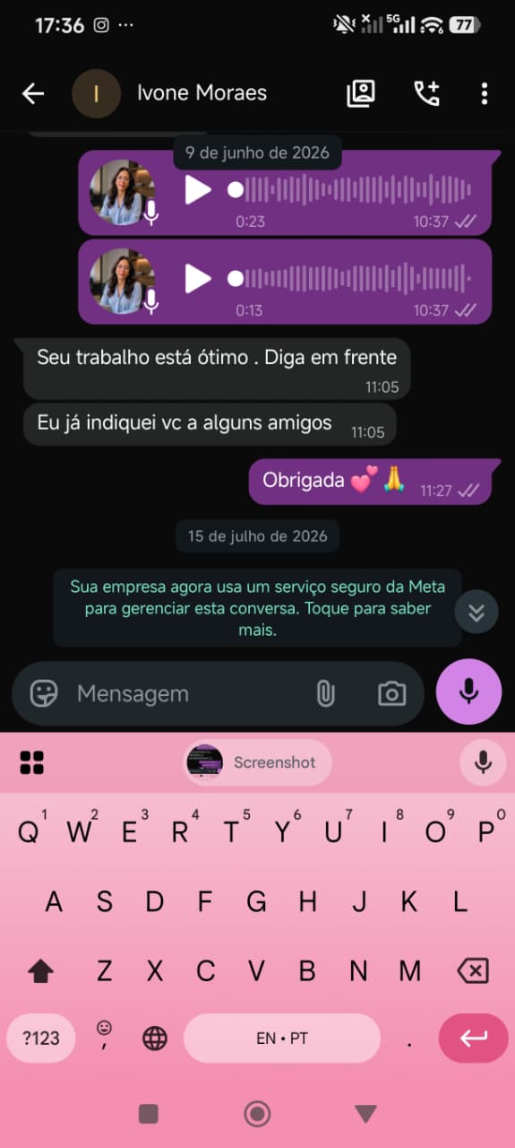 Print de conversa no WhatsApp com a aluna Ivone Moraes