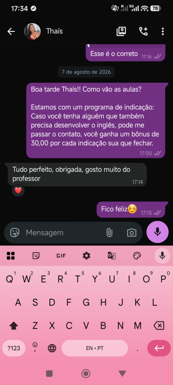 Print de conversa no WhatsApp com a aluna Thaís